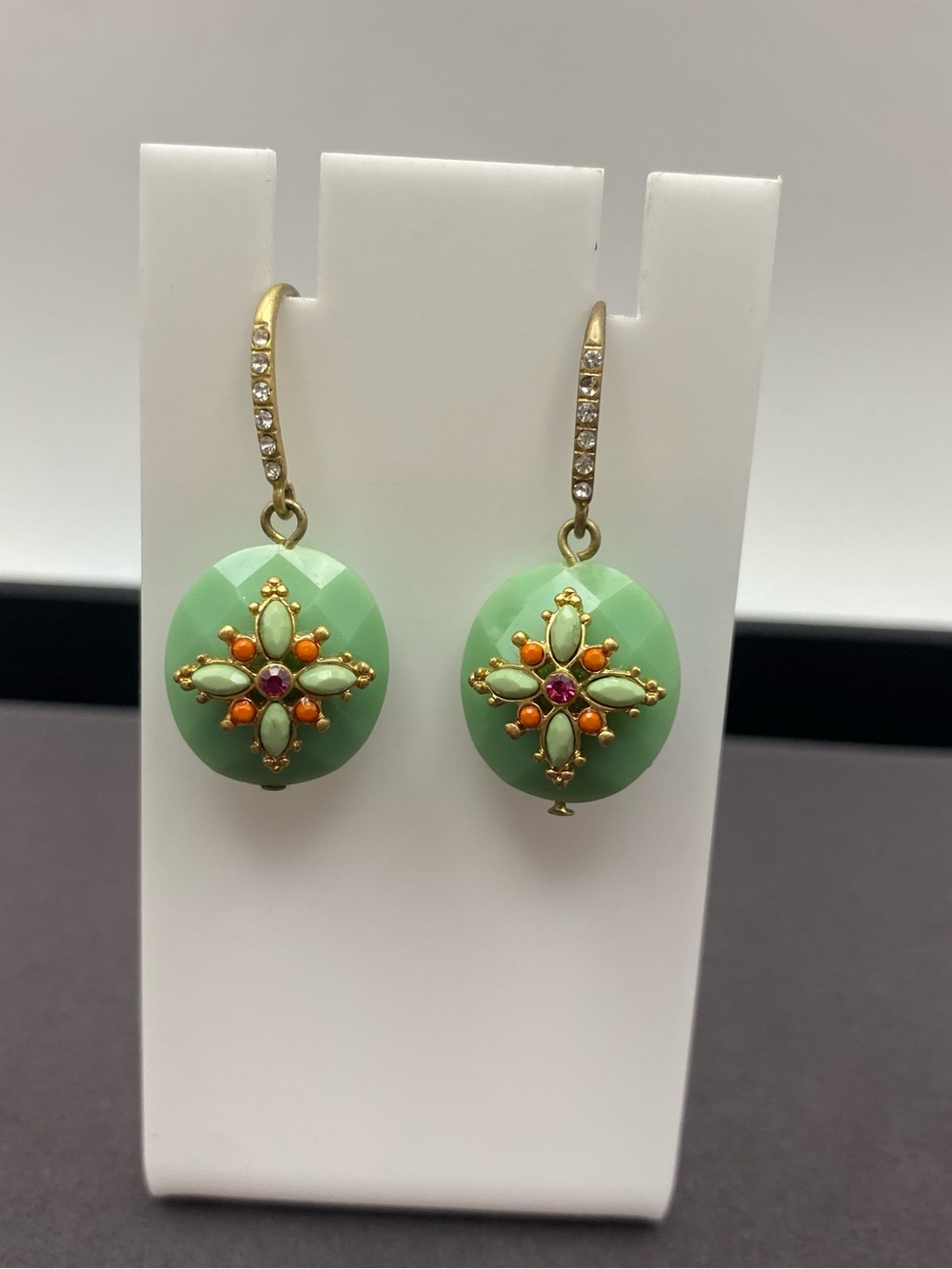 Green Drop Earrings with Gold Accents and Colorful Accents - Picture 4 of 9
